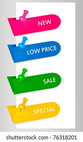 Empty colorful paper tags with pushpins. Vector illustration