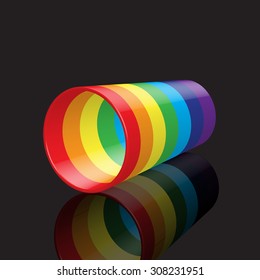 Empty colorful rainbow color plastic cup of water with reflection, on dark background