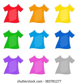Empty colorful rainbow t-skirts, set. Vector clothes collection.