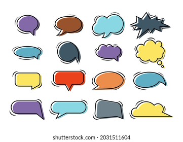Empty colorful speech bubbles in doodle style isolated on white background. Balloon vector outline illustration for meme, poster, tag, banner, hashtag, dialogue