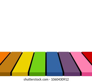 Empty colorful tabletop display over white (transparent) background. Useful as backdrop, image montage for display products (e.g. kids' toys), or for design key visual layout. Vector illustration.