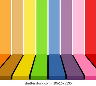 Empty colorful tabletop display over multicolored stripes background. Useful as backdrop, image montage for display products (e.g. toys, dolls), or for design key visual layout. Vector illustration.