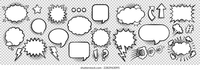 Empty comic bubbles and elements template with black halftone shadows on transparent background. Vector illustration, retro, vintage design, pop art style. svg