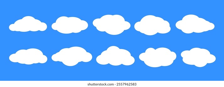 Empty comic clouds on blue background. Cartoon cloud shapes set for icon, poster, banner, label, badge, tag, logo, decoration. White blank speech bubble collection. Text box claud bundle. Vector