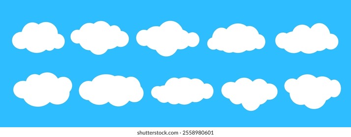 Empty comic clouds on blue sky background. Cartoon cloud shapes set for icon, poster, banner, label, badge, tag, logo, decoration. White blank speech bubble collection. Textbox claud bundle. Vector