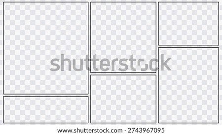 Empty comic page layout for manga, anime or graphic novel scenes. Black outline frames isolated on transparent background. Manga storyboard template with dynamic comic panels.