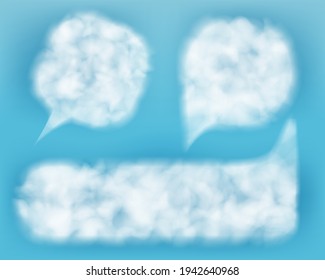 Empty comic speech balloons. Chat bubbles in the form of white spots. Speech boxes made of light air clouds against the blue sky. 3d realistic vector illustration.