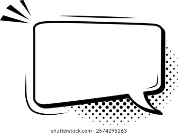 Empty comic speech bubble featuring halftone dot shadows and dynamic action lines, bursting with energy to convey loud talking, surprise, excitement, or anger in vibrant expression