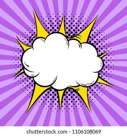 Empty comic speech bubble. Vector bright dynamic cartoon illustration in retro pop art style on a halftone background