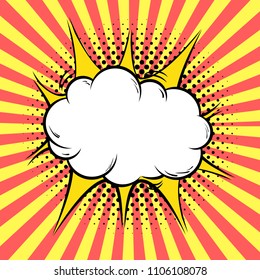 Empty comic speech bubble. Vector bright dynamic cartoon illustration in retro pop art style on a halftone background