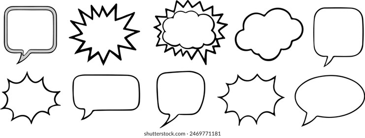 Empty comic speech bubbles set, Black border, Retro blank dialog boxes, Vintage vector graphic clipart