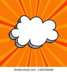 Empty comic text speech bubble. Colored pop art style sound effect phrase. Halftone vector illustration banner. Vintage comics book poster.