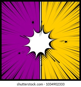 Empty comics book colored template background. Pop art colorful backdrop mock up. Vector illustration halftone dot chat mockup versus comic text. Silhouette boom explosion. Speech bubble box balloon.