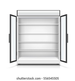 Empty Commercial Fridge With Shelves And Opened Doors. Realistic Isolated Vector Illustration