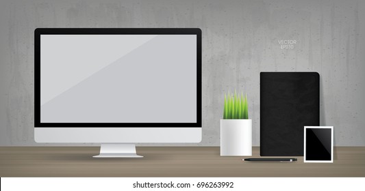 Empty computer display with black notebook and blank photo frame in vintage room space background. Vector illustration.