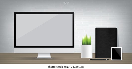 Empty computer display with black notebook and blank photo frame in vintage room space background. Vector illustration.
