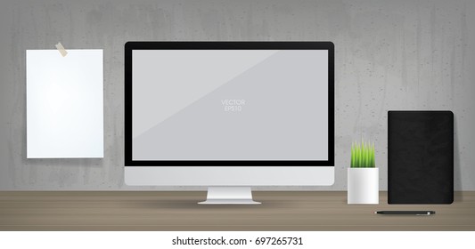 Empty computer display with white poster paper and black notebook in vintage room space area. Vector illustration.