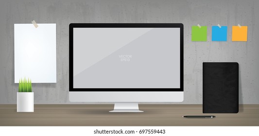 Empty computer display with white poster paper and black notebook in vintage room space area. Vector illustration.