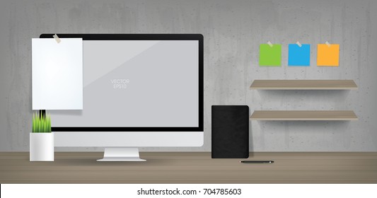 Empty computer display in working area space. Business background for web design and template design. Vector illustration.
