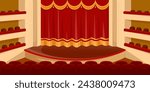 Empty concert hall. Spot light on wooden scene. Theater stage with open red vintage curtains. Theatre interior with elegant fabric chairs and seats. Cinema Premier festival event. Vector illustration 