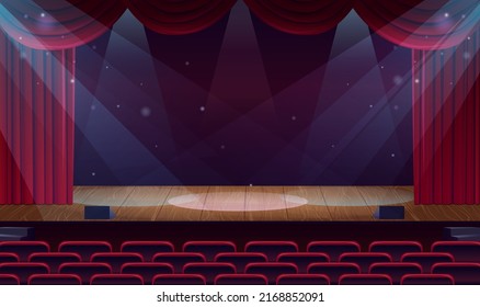 Leere Konzerthalle. Spot Licht auf die Holzszene. Theaterbühne mit offenen roten Vintage-Vorhängen. Theaterinnenraum mit eleganten Stoffstühlen und Sitzen. Festival Cinema Premier. Vektorgrafik