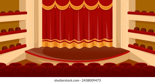 Empty concert hall. Spot light on wooden scene. Theater stage with open red vintage curtains. Theatre interior with elegant fabric chairs and seats. Cinema Premier festival event. Vector illustration 