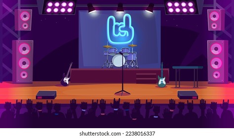 Empty concert stage with musical instruments of a rock band. A crowd of people with hands up waiting for the performance. Music festival scene with and equipment. Cartoon style vector illustration.