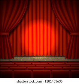 Empty concert stage. Vector realistic illustration of theater, opera or cinema scene with red curtains and chairs for audience.