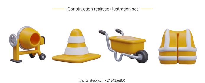 Empty concrete mixer, new signal vest, full wheelbarrow, cone for temporary barrier