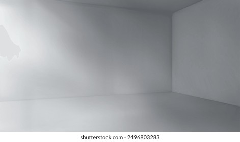 Esquina de habitación de hormigón vacía con luz solar. Ilustración realista de Vector de la perspectiva interior de la casa con sombras en paredes y pisos pintados de blanco, techo gris, maqueta de oficina o departamento 3D