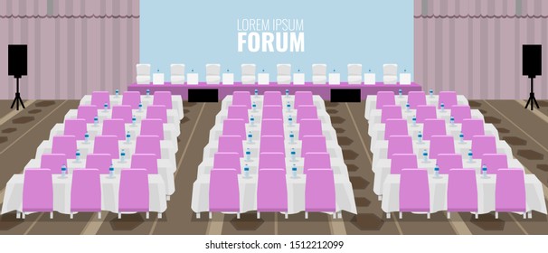 Empty conference auditorium with pink chairs. Vector illustration. svg