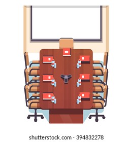 Empty conference board room with a big projection screen. Flat style color modern vector illustration.