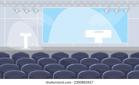 Empty conference hall with podium on stage, tv screen and seats for guests audience interior vector illustration. Modern auditorium for speech presentation, symposium and business training