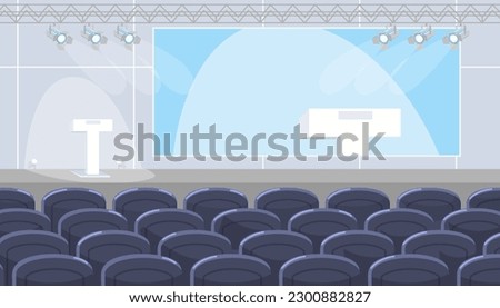 Empty conference hall with podium on stage, tv screen and seats for guests audience interior vector illustration. Modern auditorium for speech presentation, symposium and business training