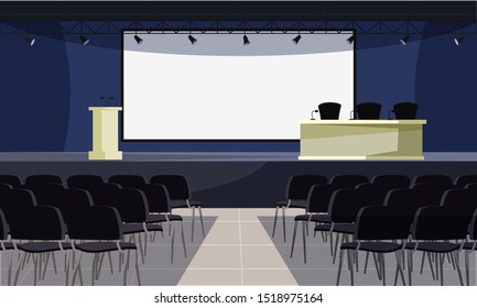 Empty conference room flat vector illustration. Lecture hall interior, convention center with nobody inside. Blank screen, tribune and table with microphones on stage. Public presentation place