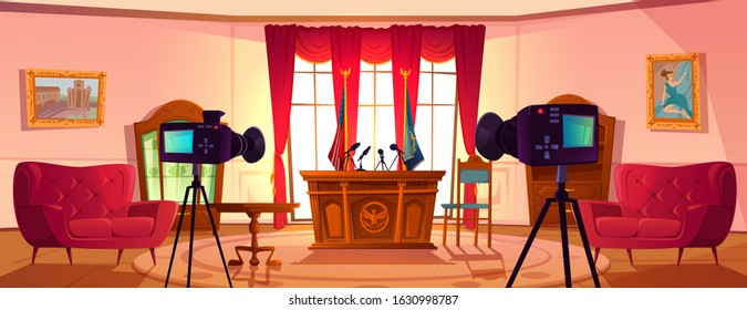 Empty conference room for presidents or government negotiations with tribune, microphones and flags of United States and another country, photo video cameras look on table Cartoon vector illustration