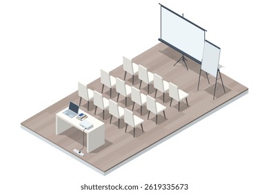 Empty conference room with white chairs, a flipchart, and a large projector screen set up for a business seminar. Isometric vector.