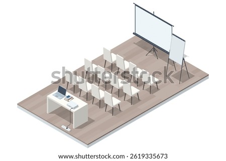 Empty conference room with white chairs, a flipchart, and a large projector screen set up for a business seminar. Isometric vector.
