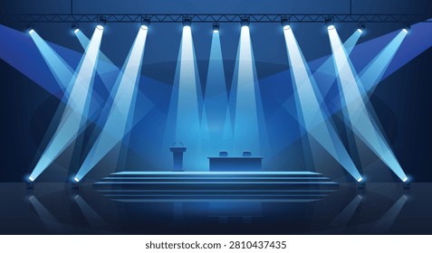 empty conference stage bright blue spotlights from an overhead truss. podium and a panel discussion desk with two chairs on a raised platform for corporate events, award ceremonies, political debates