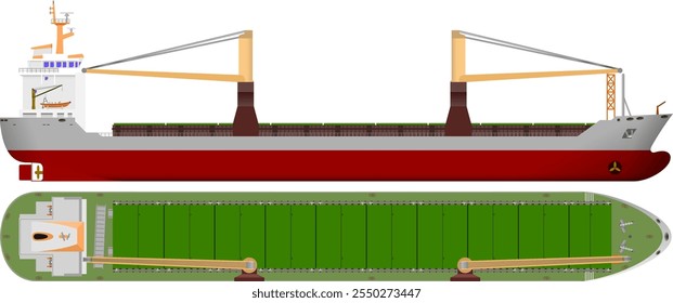 Buque de carga de contenedores vacíos. Vista lateral y superior de un buque de carga general con sus propias grúas. Ilustración vectorial aislada.