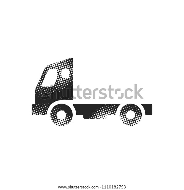 Empty container lift\
truck icon in halftone style. Black and white monochrome vector\
illustration.