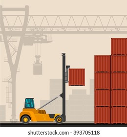 Empty container lift truck with container industrial crane with construction background. Side view crane vector illustration