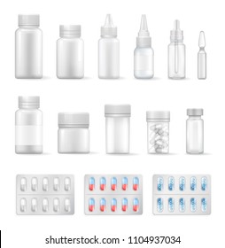 Empty containers for medical liquids and pills. Bottles of plastic or glass to keep medications. Special bar containing capsules vector illustrations.