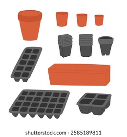 Empty containers for seedlings in flat cartoon design. Pots, cups, trays and flowerpots for plants growing, domestic greenhouse for seeds germinating. Gardening and farming set. Vector illustration