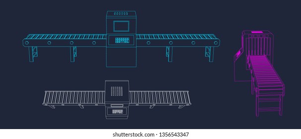 Empty conveyor belt with monitor. Vector outline illustration. Different viewes.