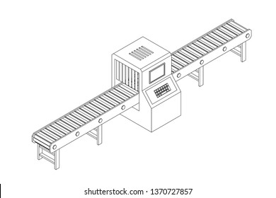 Empty conveyor belt with monitor. Vector outline illustration. Isometric projection.