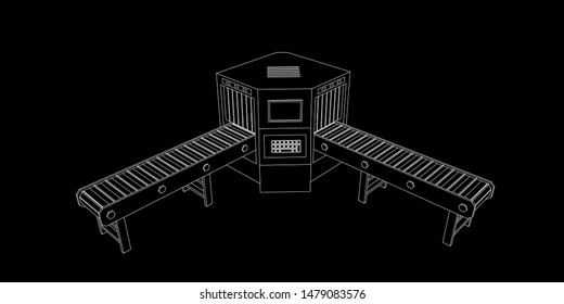 Empty conveyor belt with monitor. Vector outline illustration. Front view.