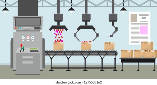 Empty Conveyor belt system with robot hands for mass production. Factory inside or interior with flat color style. Vector illustration.