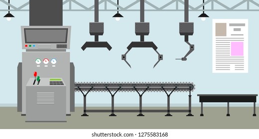 Empty Conveyor belt system with robot hands for mass production. Factory inside or interior with flat color style. Vector illustration.