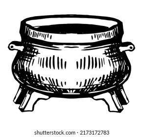 Empty cooking pot doodle. Iron witches cauldron with handle ink sketch isolated on white. Halloween hand drawn vector illustration in retro style.